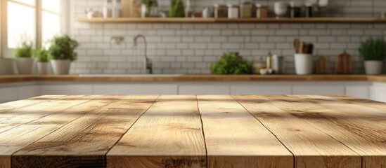 Wall Mural - 3D rendering of a product display space on a wooden table top with a blurred kitchen counter background