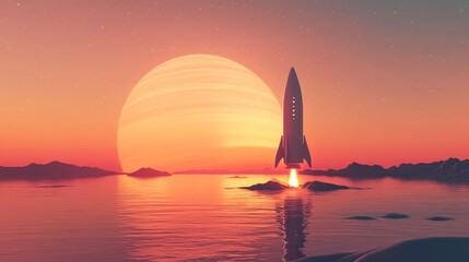 Poster - 3D cartoon illustration of a space rocket at sunset prior to launching into the cosmos Rockets and spacecraft are utilized to send humans into space and explore areas in the solar system that are