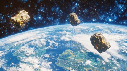 Aufkleber - Three asteroids flying over Earth in 3D cartoon rendering