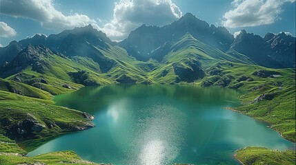 Wall Mural - The green lake, surrounded by towering peaks, is located on an isolated mountain peak. Generative AI.