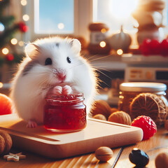 Winter white dwarf hamster make a jam in a sunny kitchen