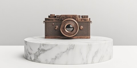 Poster - Bronze photo camera symbol displayed on a white marble podium Icon for use in websites social media presentations and design templates 3D rendering