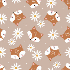 Wall Mural - Seamless vector pattern with cute hand drawn fox head. Perfect for textile, wallpaper or nursery print design. EPS 10 vector file.