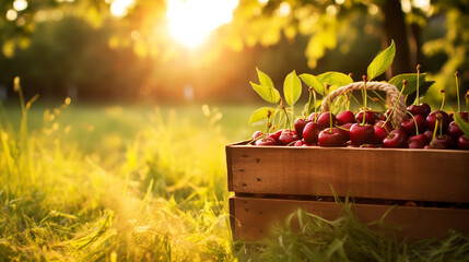 Collecting cherries in the garden. The boxes are freshly picked red cherries. Industrial cherry orchard. Close up view of green grass and full boxes