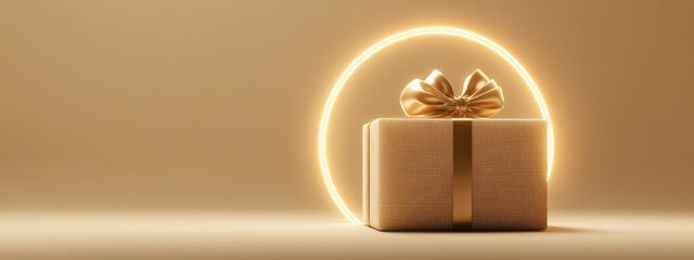 Aufkleber - Minimalistic product backdrop for festive occasions and promotional events Beige gift box adorned with a golden ribbon bow set against a beige background 3D rendered illustration with included cli