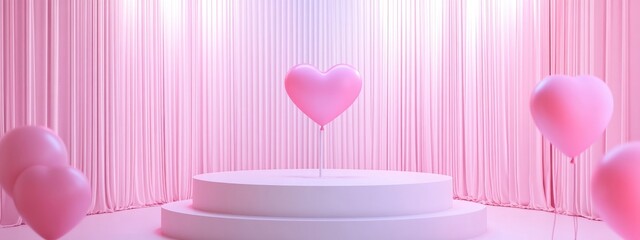 Wall Mural - Empty white cylinder podium with pink trim heart shaped balloons on an arch and a backdrop of curtains A romantic interior setting ideal for Valentine s Day featuring a pedestal Three dimensional