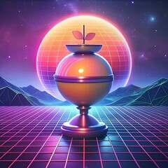 A futuristic. 3D illustration of a golden fruit with a single leaf. set against a vibrant 80s inspired neon landscape.