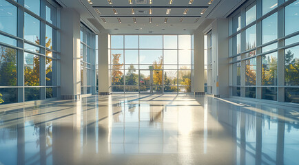 Aufkleber - A large empty conference room, featuring a contemporary design with high ceilings and expansive windows. Generative AI.