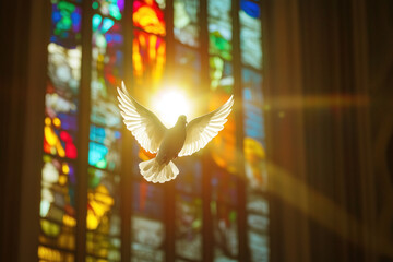 white dove in a sunlit stained glass church