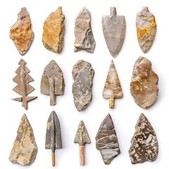 Sticker - Ancient Stone Arrowheads Collection Isolated on White Background 