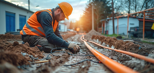 An electrician running underground electrical lines to an outdoor shed. Generative AI.