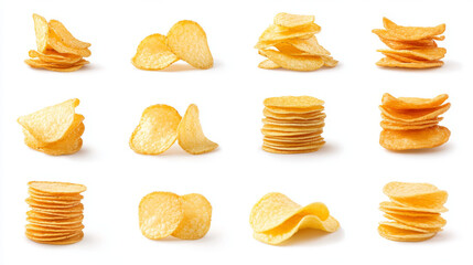 A collection of stacked potato chips, isolated on a white background.