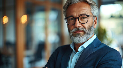 Canvas Print - Mature businessman standing confidently in an office setting. Generative AI.