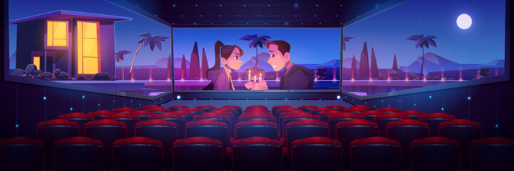 Cinema hall with romantic film on screen. Vector cartoon illustration of show in movie theater with empty seats, upset couple on date near house against night mountain view, moon and stars in dark sky