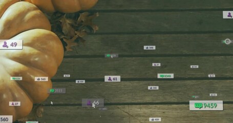 Poster - Social media engagement animation over pumpkins and autumn leaves on wooden surface