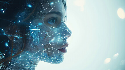 Leinwandbilder - Cybernetic augmentation through advanced interfaces close up, focus on, copy space Bold and futuristic, enhancing human experience Double exposure silhouette with connected technology. Generative AI.