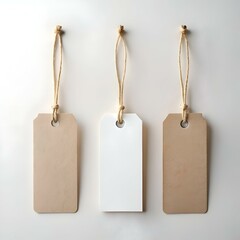 Three blank gift tags. two brown and one white. hanging on a white background.