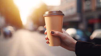 Female hand with paper cup of coffee take away.