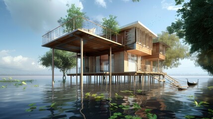 Contemporary Wooden Lake House with Floating Dock and Scenic Reflection