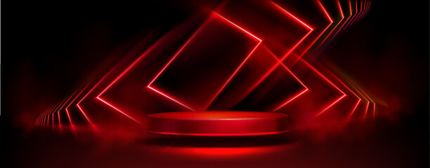 Wall Mural - round podium on red light background. vector realistic illustration of dark showroom for modern prod