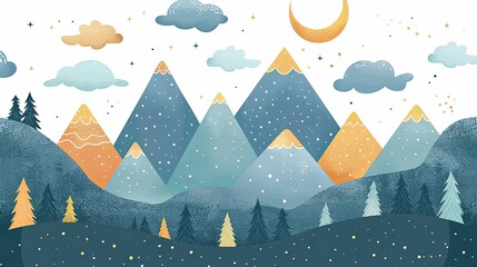 A whimsical landscape with snowy mountains, a crescent moon, and a starry sky