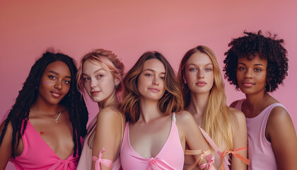 Wall Mural - A group of five women are posing for a photo, all wearing pink