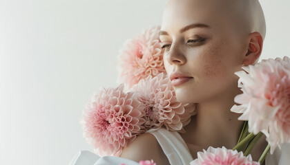 Sticker - A woman with a shaved head is surrounded by pink flowers