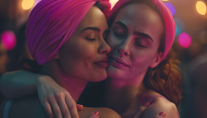 Two women hugging each other with pink scarves on their heads