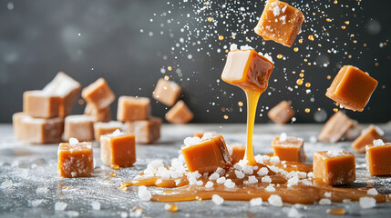 Wall Mural - Flying salty caramel candy topped with salt crystals and poured caramel sauce: Stock photo