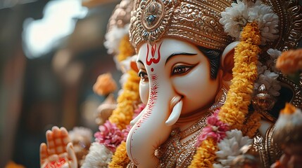 Close Up of Lord Ganesha Statue Decorated with Flowers