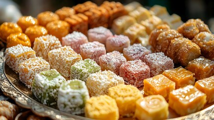 Delicious Assorted Turkish Delight Sweets on Golden Tray