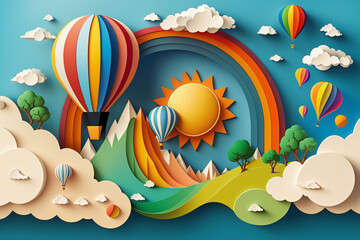 Paper art style of rainbow on blue sky sun, hot air balloon and cloudsfor baby nursery, children design.