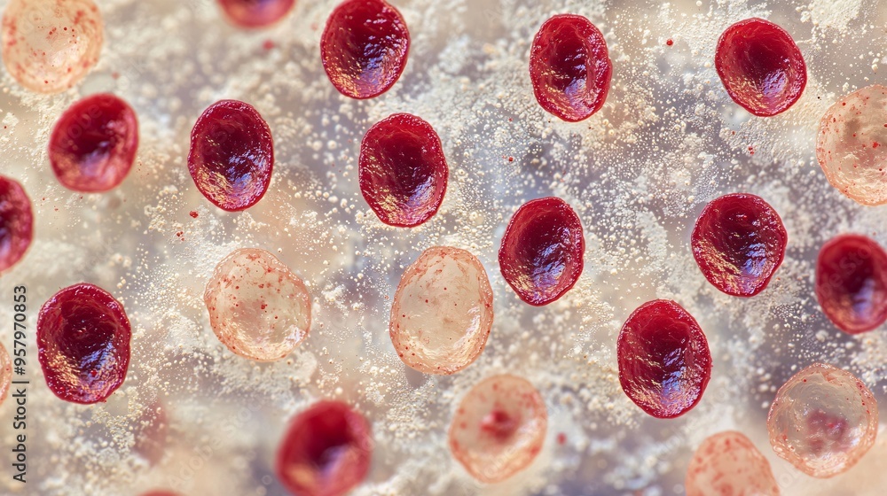 A high-resolution microscopic image reveals red blood cells present in ...
