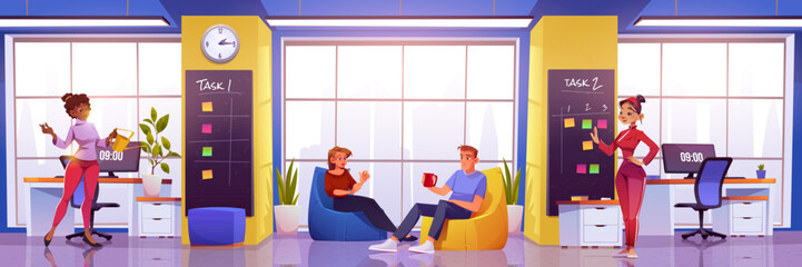 Wall Mural - Modern office open work space with people. Cartoon vector man and woman employees in business room with computers on tables and chairs, soft armchairs and plants, windows and sticker boards on wall.