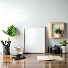 Wall Mural - A clean and minimalist workspace featuring a blank white frame. a camera. and a notebook.