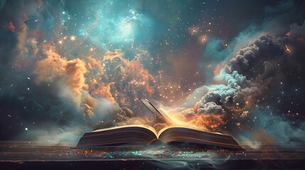 Wall Mural - magic open book with glowing pages galaxy stars clouds for concept innovation idea symbol fantasy im