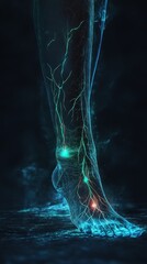 Wall Mural - Abstract digital art of a human foot with glowing veins and nerves.