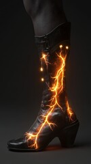 Poster - A black leather boot with a high heel, glowing with an orange electric current.