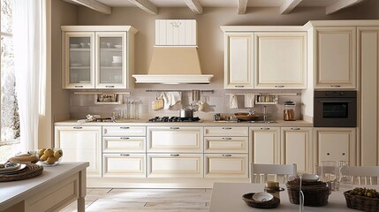 Classic kitchens often use neutral colors such as white, cream, light beige, and soft pastels 