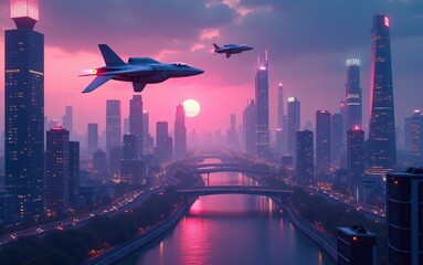 Wall Mural - A neon-lit city skyline with towering skyscrapers and flying vehicles.