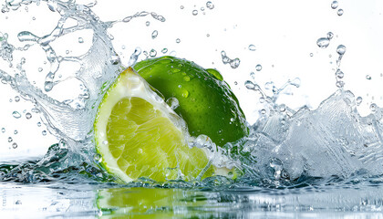 A splash of water is falling on three green limes