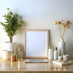 Wall Mural - A minimalist workspace with a blank frame. tablet. and decorative items.