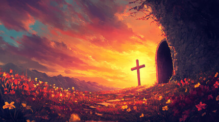 easter depiction of jesus christ rising from the dead on sunday morning. dawn scene with the empty t