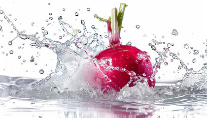 A red radish is in a pool of water, with the water splashing around it