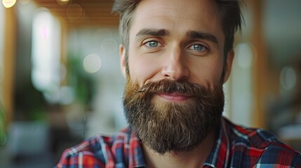 Close-up portrait of a man with a beard, smiling, in a plaid shirt.