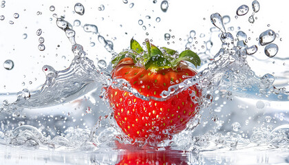 A splash of water surrounds a bunch of red strawberries