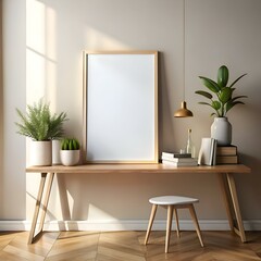 Wall Mural - Modern minimalist interior design mockup with a blank frame on a wooden table.