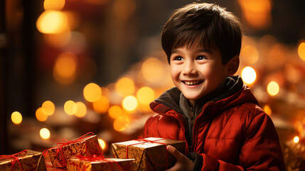 Wall Mural - Merry Christmas and Happy Holidays! Cheerful cute children opening gifts.