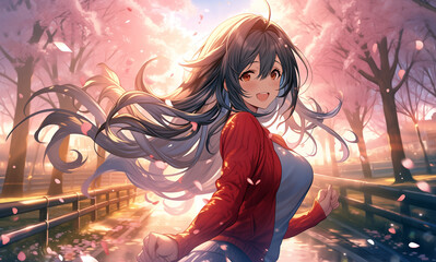 Wall Mural - Anime girl jogging in a park during early morning, cherry blossom, 4k , wallpaper