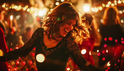 Wall Mural - A woman is dancing at a party with many people around her